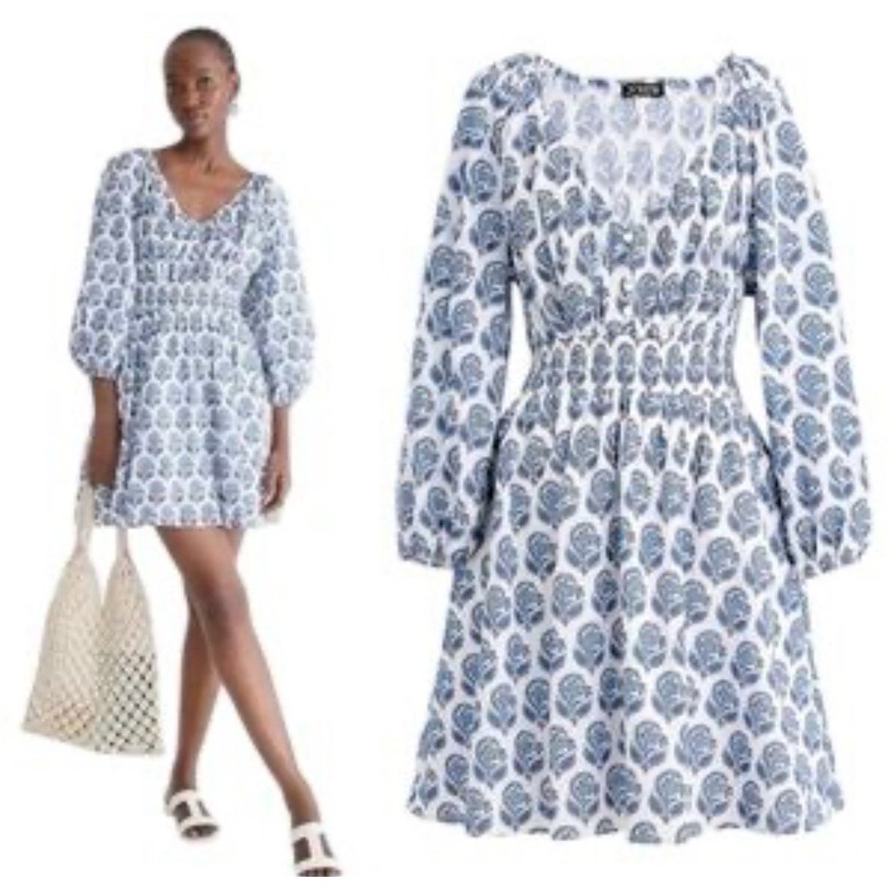J Crew V Neck Mini Dress Medium Bouquet Block Print Blue White Lined - Picture 8 of 8